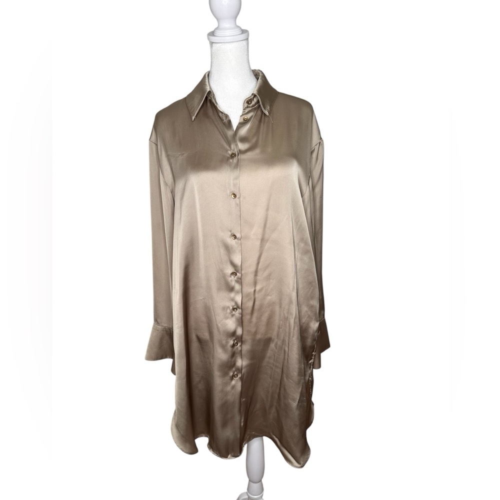 Zara Champagne gold Satin Button-Up Shirt Dress